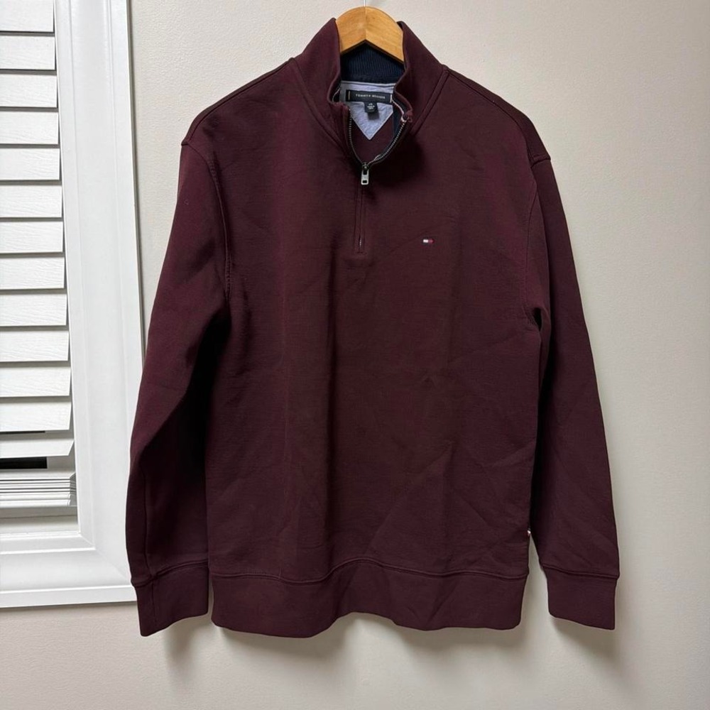 Tommy‎ Hilfiger Quarter Zip Pullover Men's Large Maroon Cotton Preppy Sweater